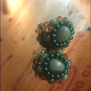 Vintage Karu Art clip on earrings, aqua blue stone